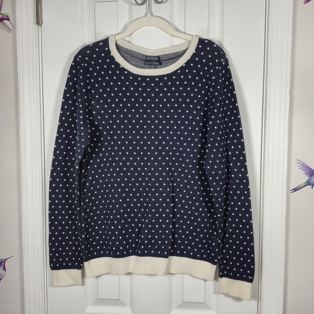 Tommy Hilfiger Pima Cotton Polka Dot Sweater Blue XL Back Button Detail